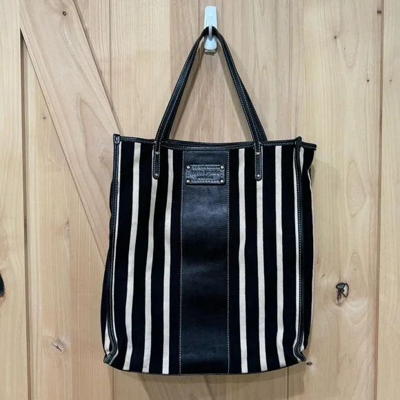 Kate Spade Griffen Tote Black Cream Stripe Cloth Leather Shoulder Bag - Picture 9 of 15